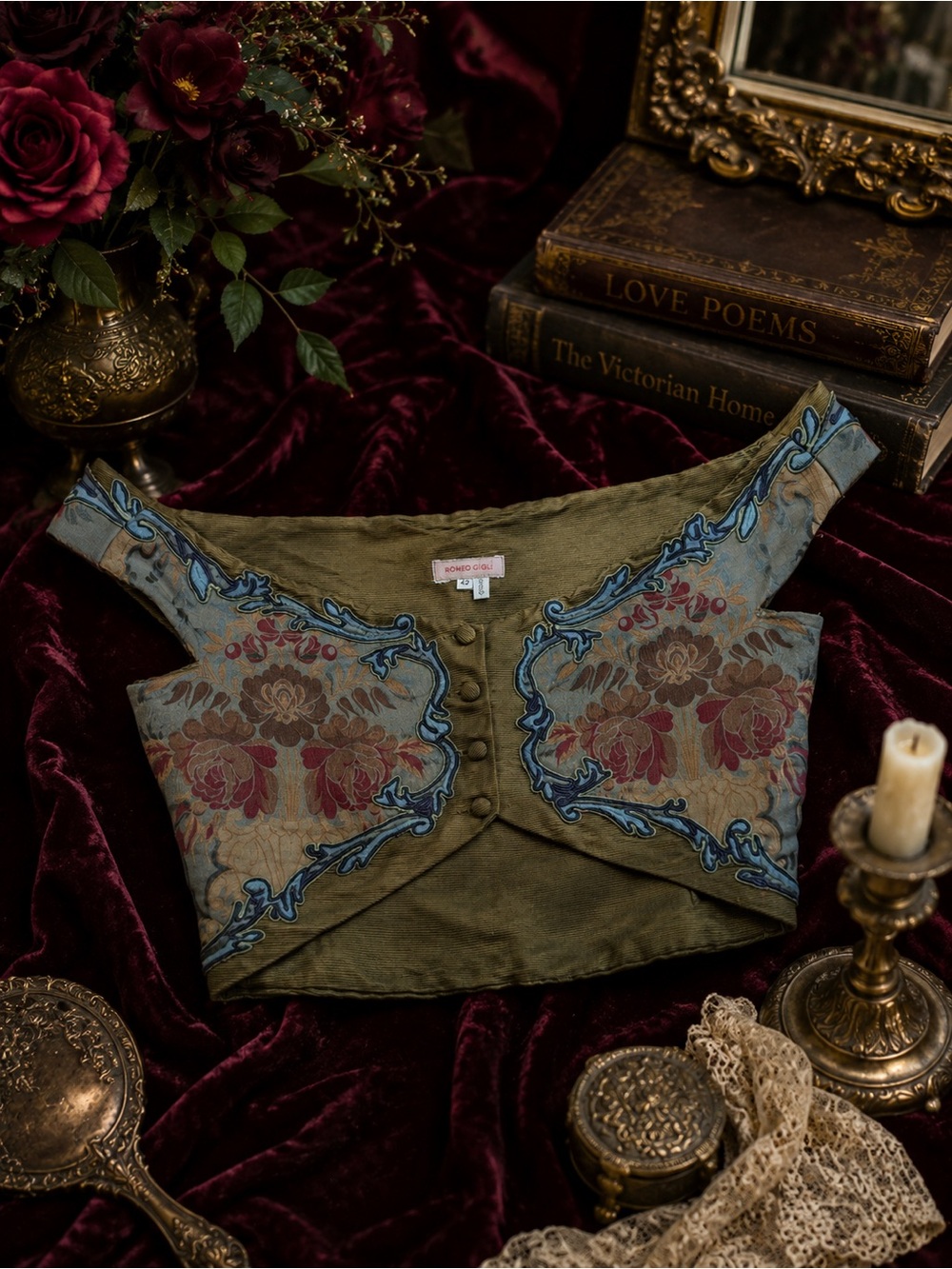 Romeo Gigli Runway Spring 1990 Olive Green Embroidered Brocade Bustier Top - Picture 2 of 11